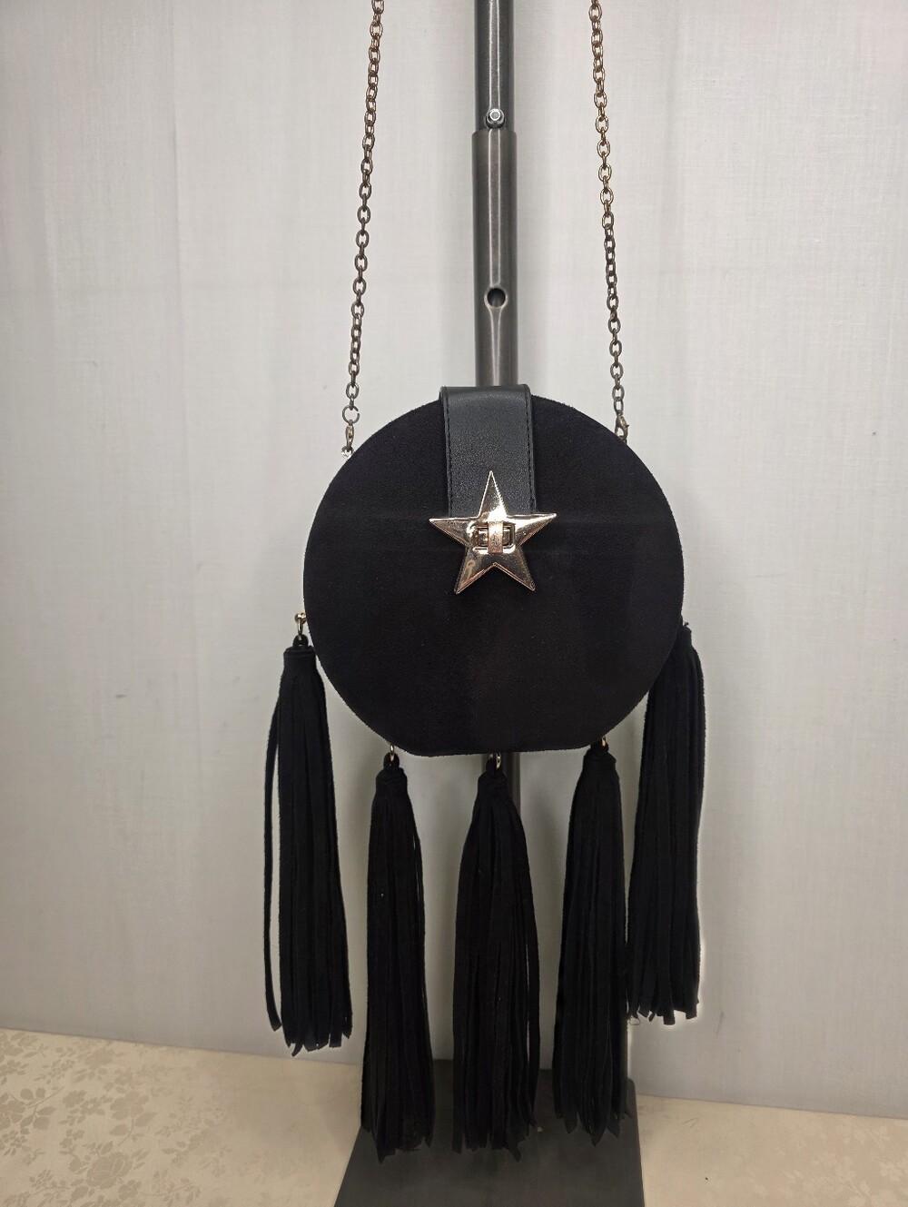 Black Suede Round Crossbody Bag Gold Star Turnlock Fringe Tassels Celestial Boho